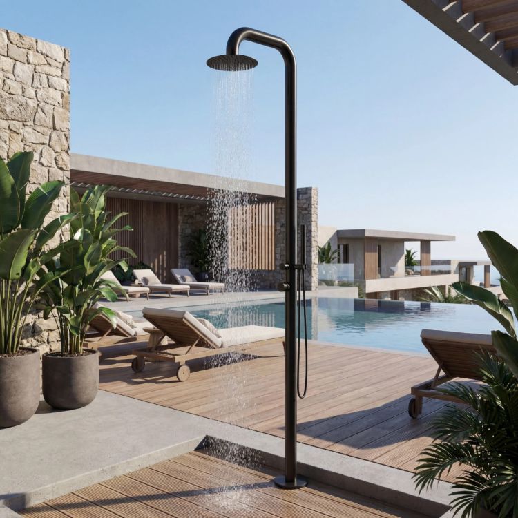 Hampton Black 316L Stainless Steel Marine-Grade Outdoor Pool Shower, Hot & Cold Mixer Included with Hand Shower Wand