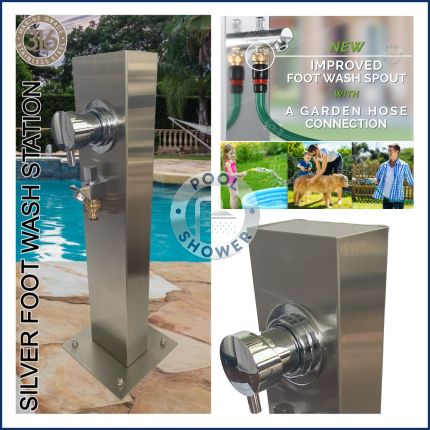 Silver Outdoor Foot Wash Station 316 Marine Grade Stainless Steel, with a Garden Hose Connection & Hot & Cold Mixer