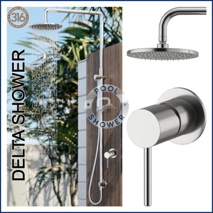 Delta 316 Marine Grade Stainless Steel Wall Mounted Outdoor Shower Rail, 2 in 1, 20cm rotatable round rainfall rose shower head with handheld wand shower and Hot & Cold Mixer Valve Package