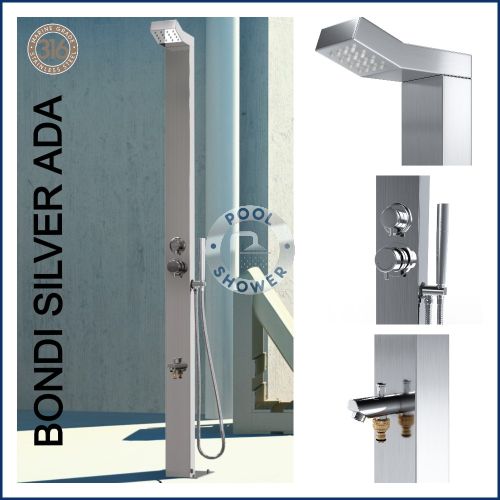 Bondi Silver ADA 316 Marine Grade Stainless Steel Outdoor Pool Shower, WATERMARK REGISTERED 