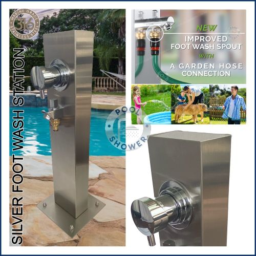 Silver Outdoor Foot Wash Station 316 Marine Grade Stainless Steel, with a Garden Hose Connection & Hot & Cold Mixer