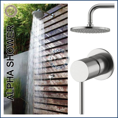 Alpha Outdoor 316 Stainless Steel Marine Grade Wall Mounted  Shower Arm, Shower Head & a Hot and Cold Washer-less Mixer Shower Set