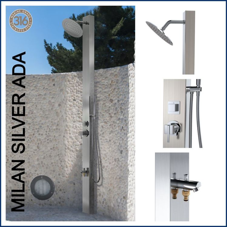 Milan Silver  ADA 316L Marine Grade WATERMARK REGISTERED Stainless Steel Outdoor Indoor /Pool Shower With Foot Wash