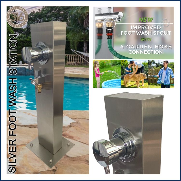 Silver Outdoor Foot Wash Station 316L Marine Grade Stainless Steel, with a Garden Hose Connection & Hot & Cold Mixer