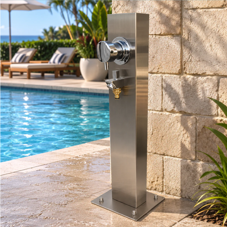 Silver Outdoor Foot Wash Station 316L Marine Grade Stainless Steel, with a Garden Hose Connection & Hot & Cold Mixer