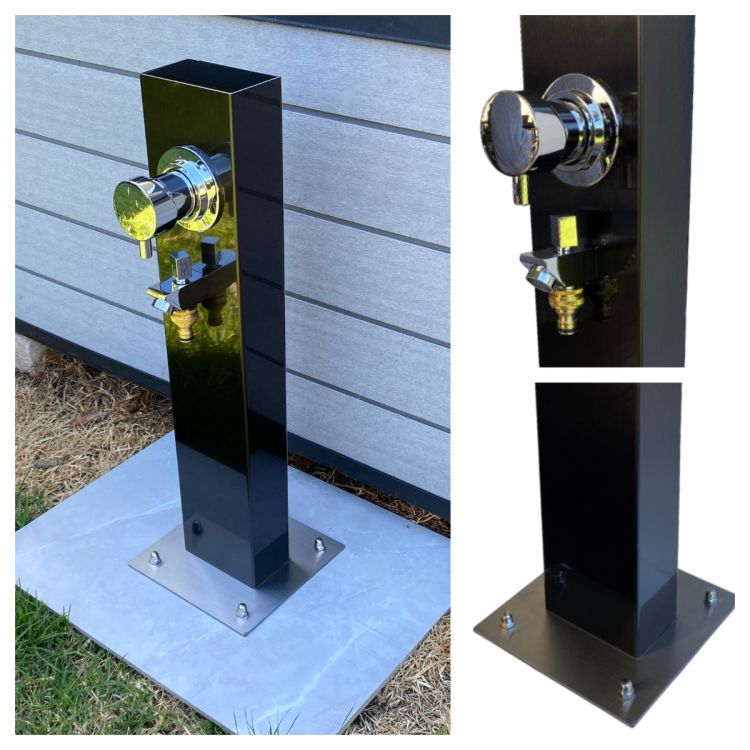 Black Outdoor Foot Wash Station 316L Marine Grade Stainless Steel, with a Garden Hose Connection & Hot & Cold Mixer