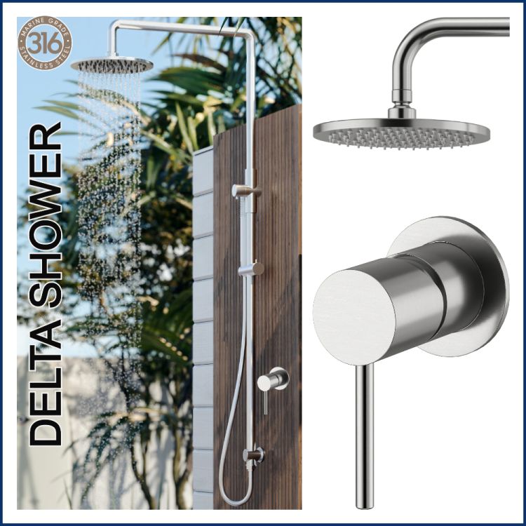 Delta 316L Marine Grade Stainless Steel Wall Mounted Outdoor Shower Rail, 2 in 1, 20cm rotatable round rainfall rose shower head with handheld wand shower and Hot & Cold Mixer Valve Package