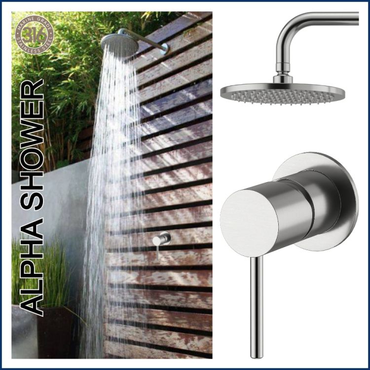 Alpha Outdoor 316L Stainless Steel Marine Grade Wall Mounted  Shower Arm, Shower Head & a Hot and Cold Washer-less Mixer Shower Set