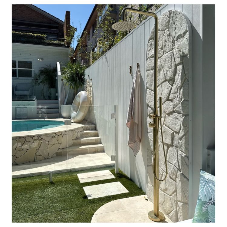 LA GOLD 316L Stainless Steel Marine-Grade Outdoor Pool Shower – Brushed Brass Finish , Hot & Cold Mixer Included with Hand Shower Wand